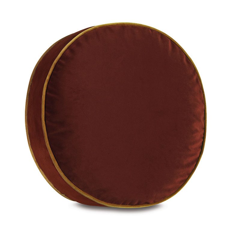 Disc Velvet Cushion in Cocoa Brown with Mustard Yellow Piping