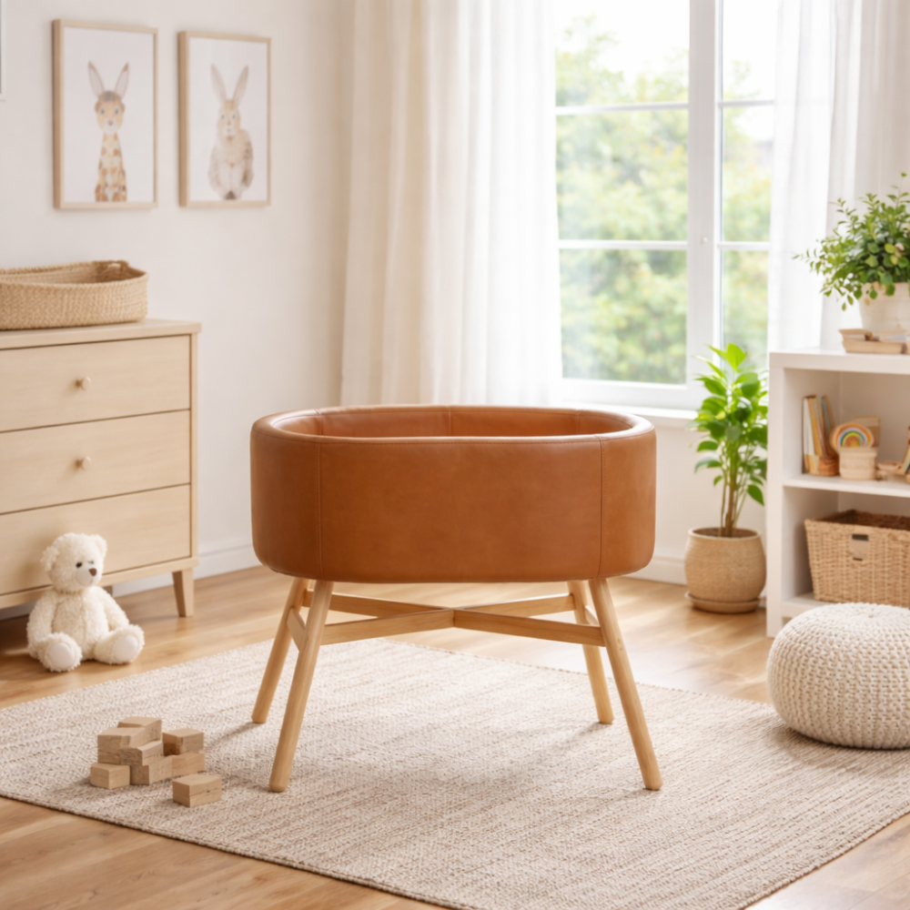 JELLO – Camel Faux Leather Baby Bassinet With Oak Base