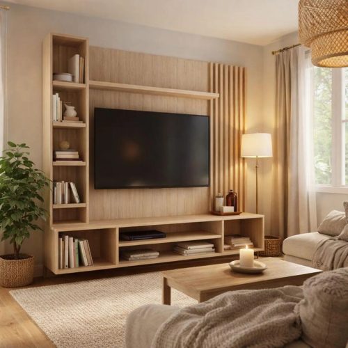 KROSS – Oak Brown Slatted Media Wall Unit