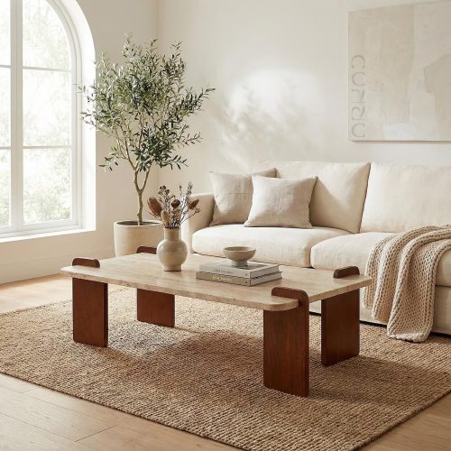 TRIVO – Travertine Coffee Table with Solid Wood Base